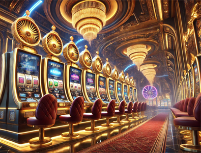 Slot machines with red gaming chairs