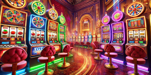 Slot machines in bright casino interior